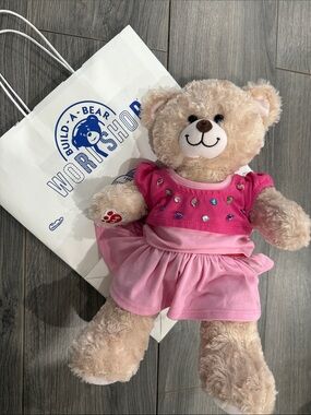 Build-A-Bear Plush Teddy in Pink Dress with Gem Accents